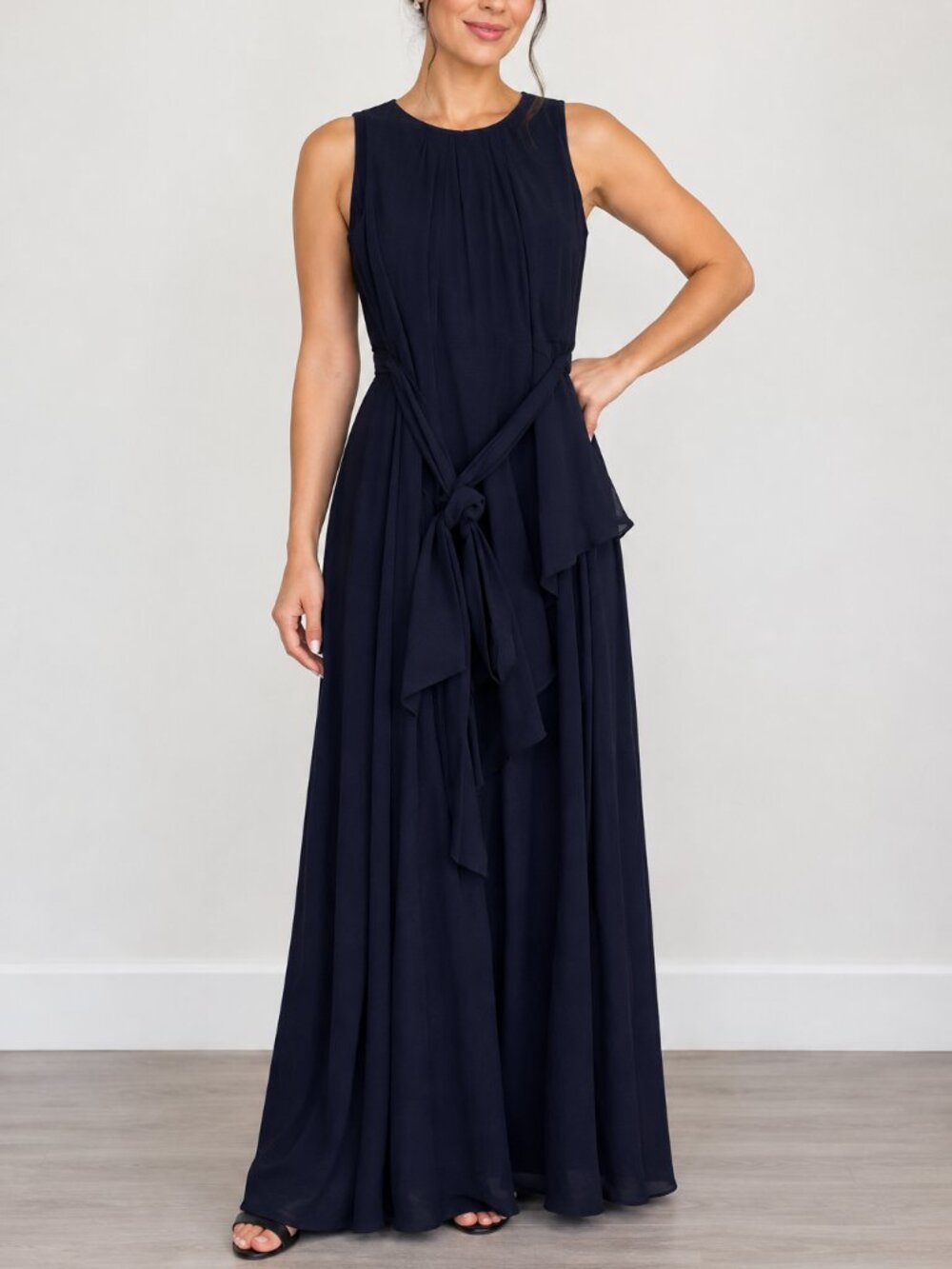 Navy Blue Sleeveless Ruffle Tie-Waist Maxi Dress - Size 12
